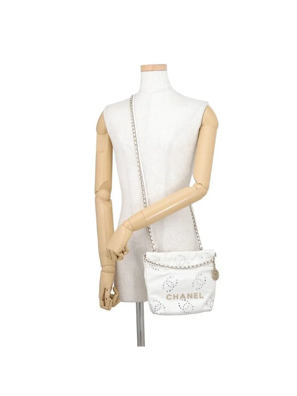 Chanel Handbag 22 Mini Perforated CC Logo Shiny Calf Leather 2-Way White